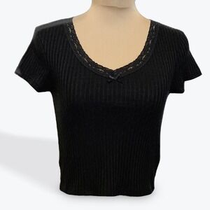 Topshop Black Ribbed Lace Trim V-Neck Crop Top Short Sleeve Bow Detail US 2